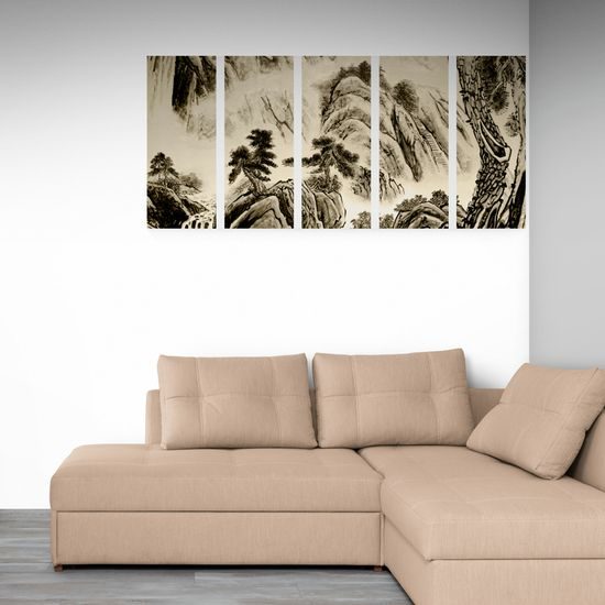 5-dielny obraz maľba činskej prírody v sépiovom prevedení