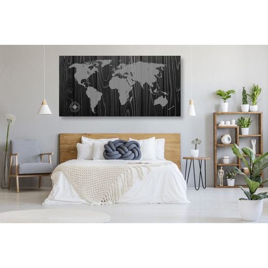 Obraz na korku čiernobiela mapa sveta na dreve v luxusnom prevedení