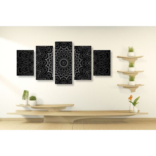 5-dielny obraz elegantá Mandala v čiernobielom prevedení