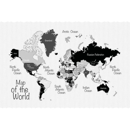 Tapeta neobyčajná mapa sveta v čiernobielom prevedení
