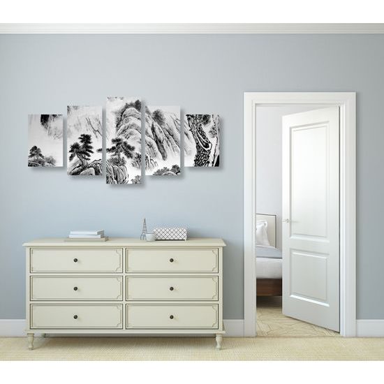 5-dielny obraz maľba činskej prírody v čiernobielom prevedení