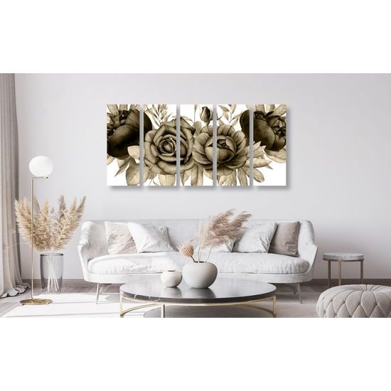 5-dielny obraz nežné splynutie ruží a listov v sépiovom prevedení