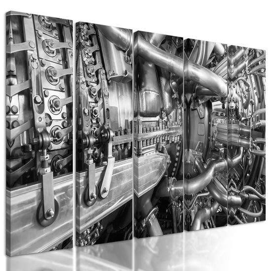 5-dielny obraz dokonale prepracovaný motor turbíny v čiernobielom prevedení