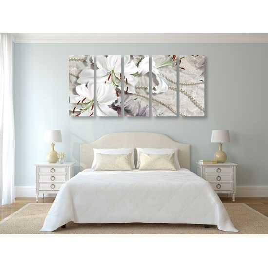 5-dielny obraz zátišie s ľáliami a perlami