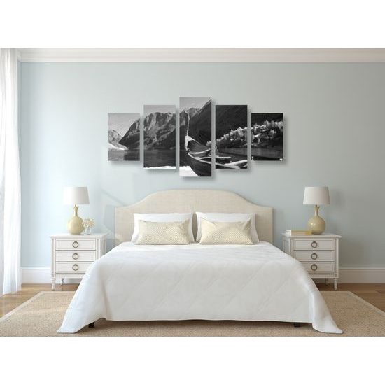 5-dielny obraz maľovaná vikingská loď v čiernobielom prevedení