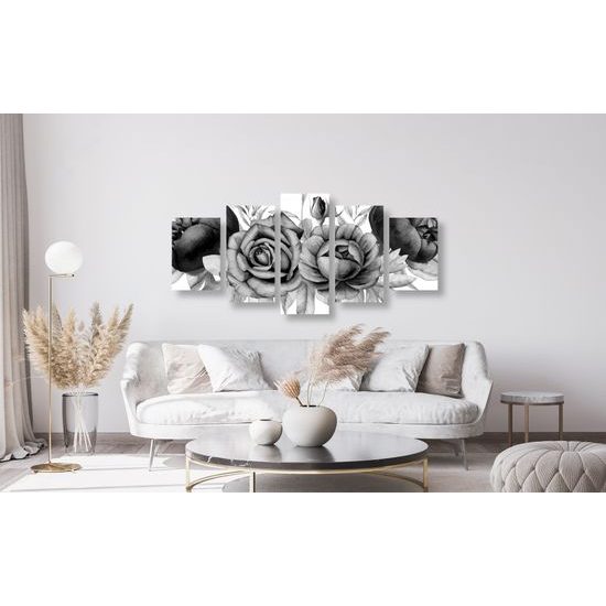 5-dielny obraz nežné splynutie ruží a listov v čiernobielom prevedení