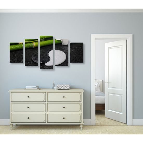 5-dielny obraz bambusové zátišie so symbolom Jin a Jang