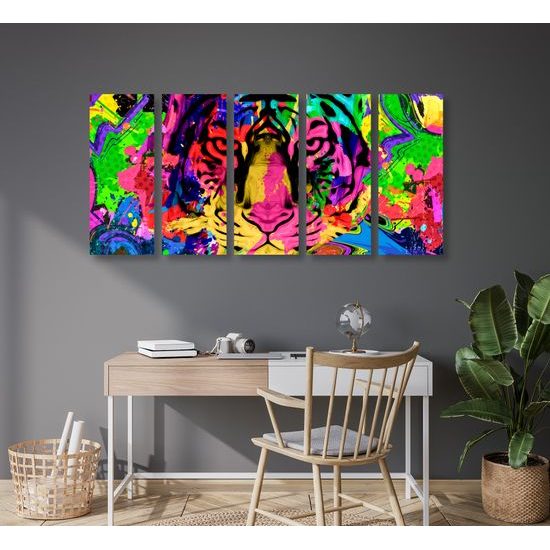 5-dielny obraz pestrofarebná hlava tigra
