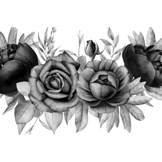 Obraz nežné splynutie ruží a listov v čiernobielom prevedení