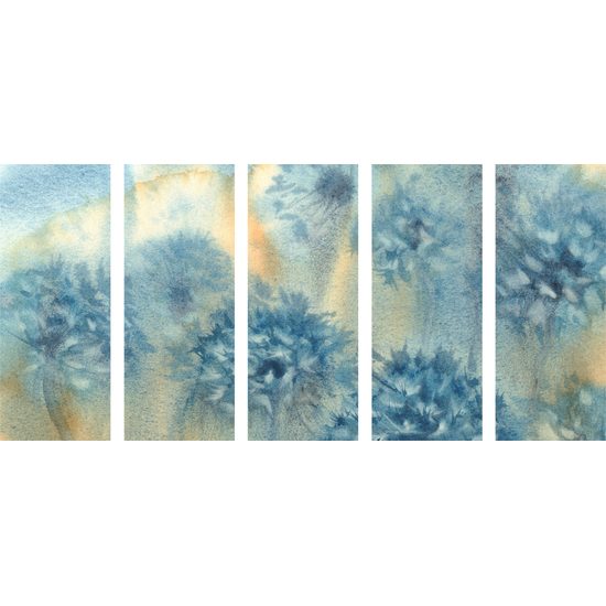 5-dielny obraz akvarelová maľba púpavy v odtieňoch modrej