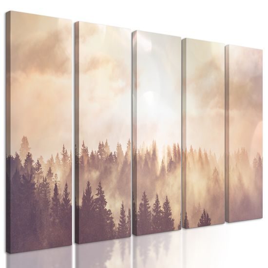5-dielny obraz temný les zahalený hmlou