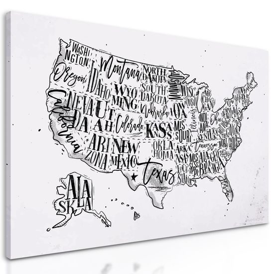 Obraz zaujímavá mapa USA v čiernobielom prevedení