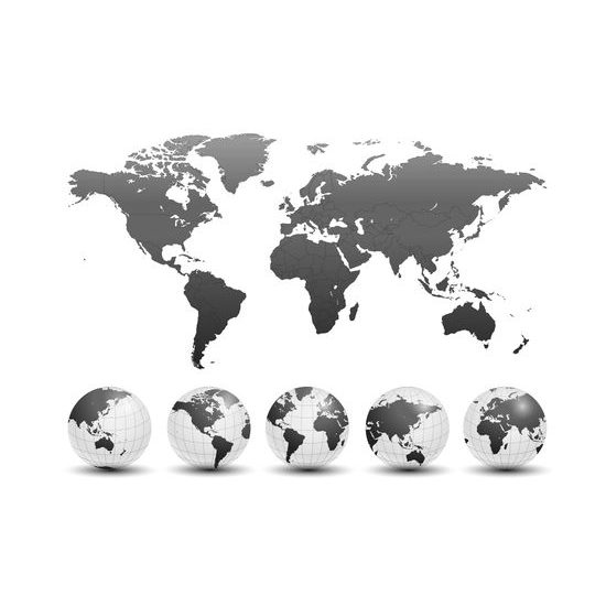 Obraz na korku bielo-šedá mapa s glóbusmi