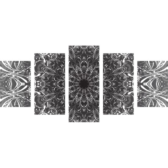 5-dielny obraz Mandala v čiernobielom prevedení