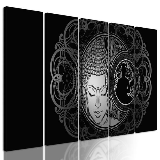 5-dielny obraz vyrovnaný Budha v čiernobielom prevedení