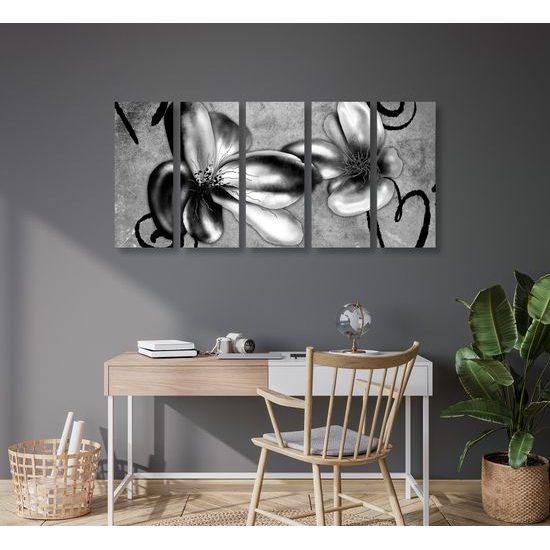 5-dielny obraz čiernobiele umelecké kvety vo vintage prevedení
