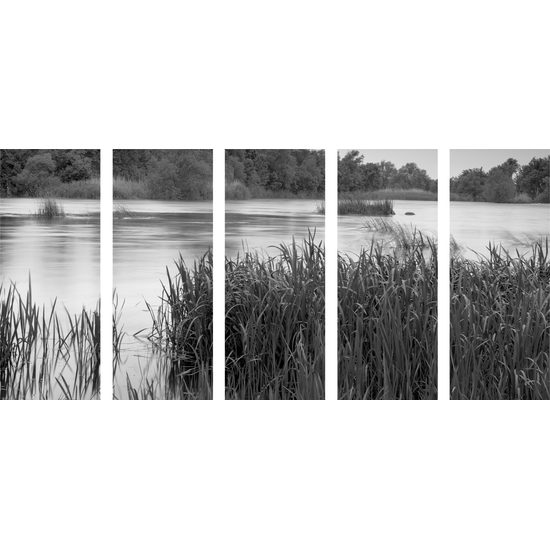 5-dielny obraz slnečné lúče nad riekou v čiernobielom prevedení