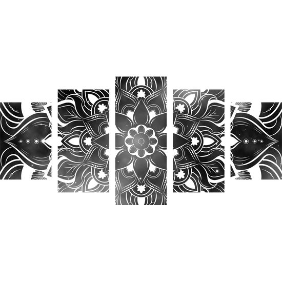 5-dielny obraz vesmírna Mandala v čiernobielom prevedení