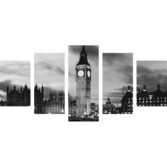5-dielny obraz nasvietený Big Ben v čiernobielom prevedení