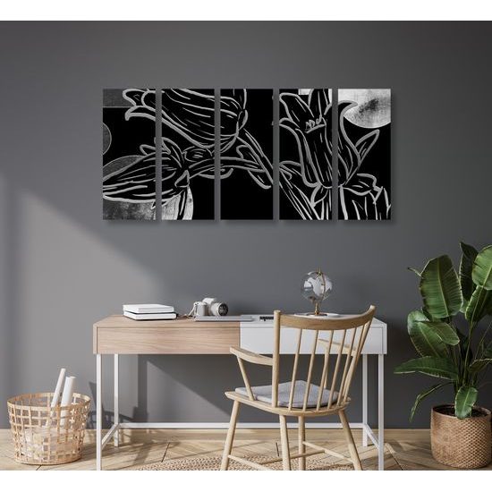 5-dielny obraz kvety v abstraktnom čiernobielom prevedení