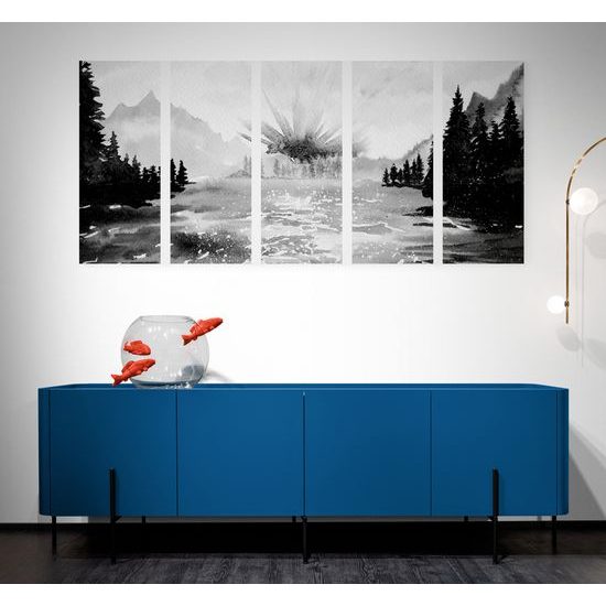 5-dielny obraz maľovaná horská krajinka v čiernobielom prevedení