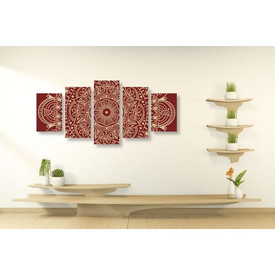 5-dielny obraz biela Mandala doplnená bordovou farbou
