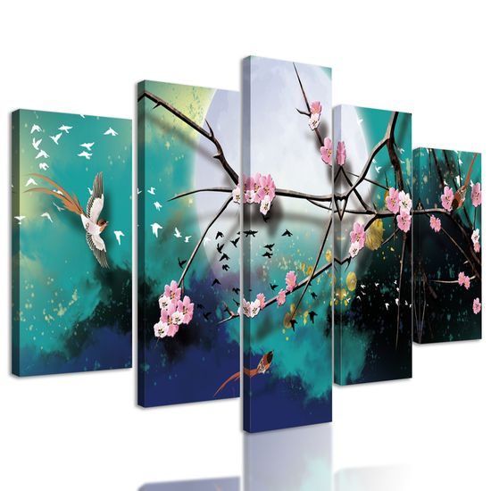 5-dielny obraz vtáčiky lietajúce za splnu mesiaca