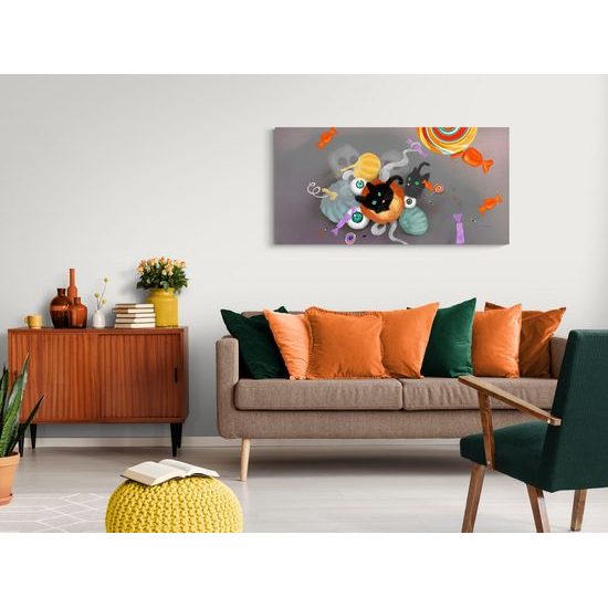 Obraz halloweenske sladkosti s čiernou mačkou