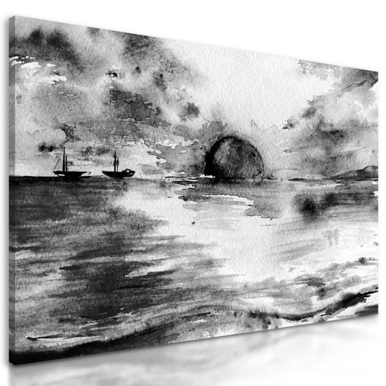 Obraz západ slnka za horizont v čiernobielom prevedení