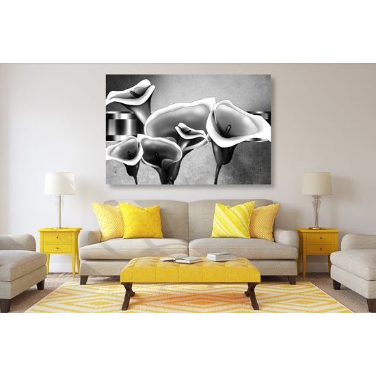 Obraz luxusné kvety kaly v čiernobielom prevedení