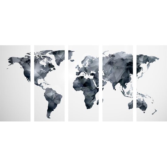 5-dielny obraz čiernobiela mapa sveta tvorená polygónmi