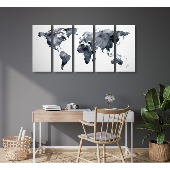 5-dielny obraz čiernobiela mapa sveta tvorená polygónmi