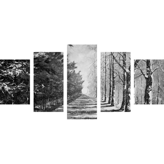 5-dielny obraz zasnežená alej v čiernobielom prevedení