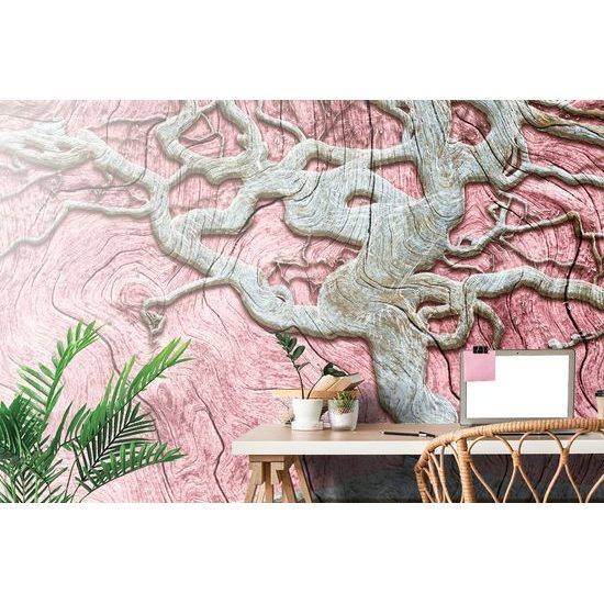 Tapeta abstraktný maľovaný strom s ružovým detailom