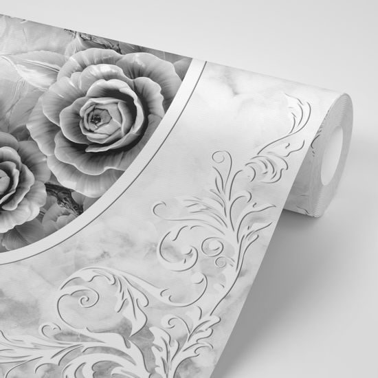 Tapeta čiernobiele ruže s ornamentom vo vintage štýle