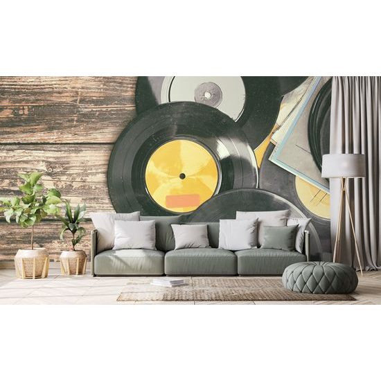 Samolepiaca fototapeta gramofónové platne na drevenom pozadí