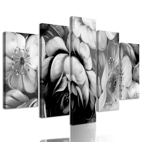 5-dielny obraz abstraktná maľba kvetín v čiernobielom prevedení