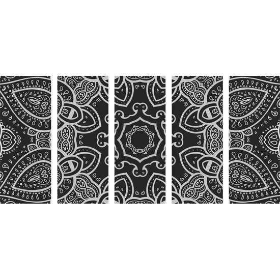 5-dielny obraz čiernobiela Mandala v indickom štýle