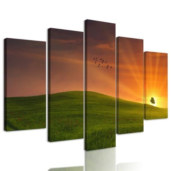5-dielny obraz strom blokojúci západ slnka