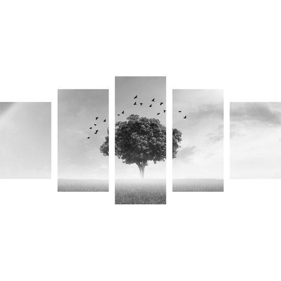 5-dielny obraz strom pod dúhou v čiernobielom prevedení