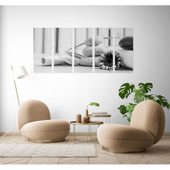 5-dielny obraz zátišie s prvkami Feng Shui v čiernobielom prevedení
