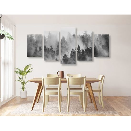 5-dielny obraz čiernobiela hora v hmle
