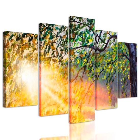 5-dielny obraz prebúdzajúci sa les v lúčoch slnka