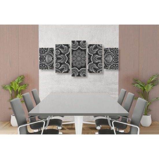 5-dielny obraz kvetinová Mandala v čiernobielom prevedení