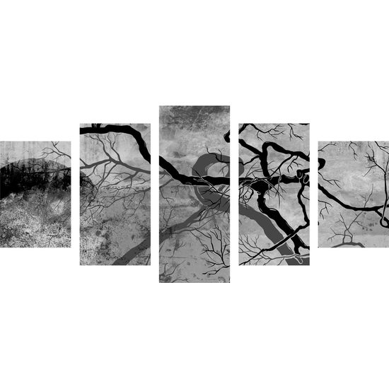 5-dielny obraz temné konáre stromu v čiernobielom prevedení