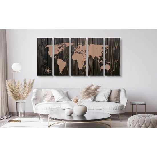 5-dielny obraz mapa sveta na dreve v luxusnom prevedení