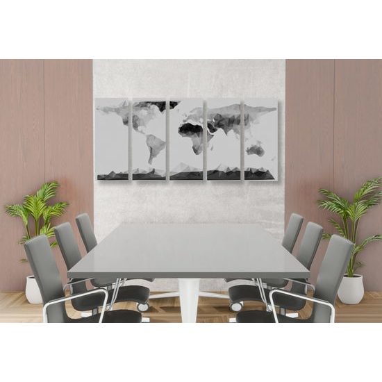 5-dielny obraz mapa sveta tvorená mnohouholníkmi v čiernobielom prevdení