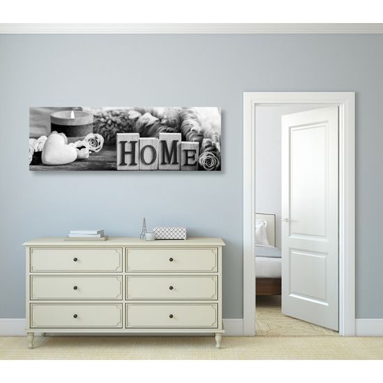 Obraz romantické zátišie s nápisom Home v čiernobielom prevedení