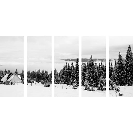 5-dielny obraz čiernobiely obraz domček uprostred zasneženej krajiny