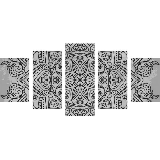 5-dielny obraz starodávna Mandala v čiernobielom prevedení
